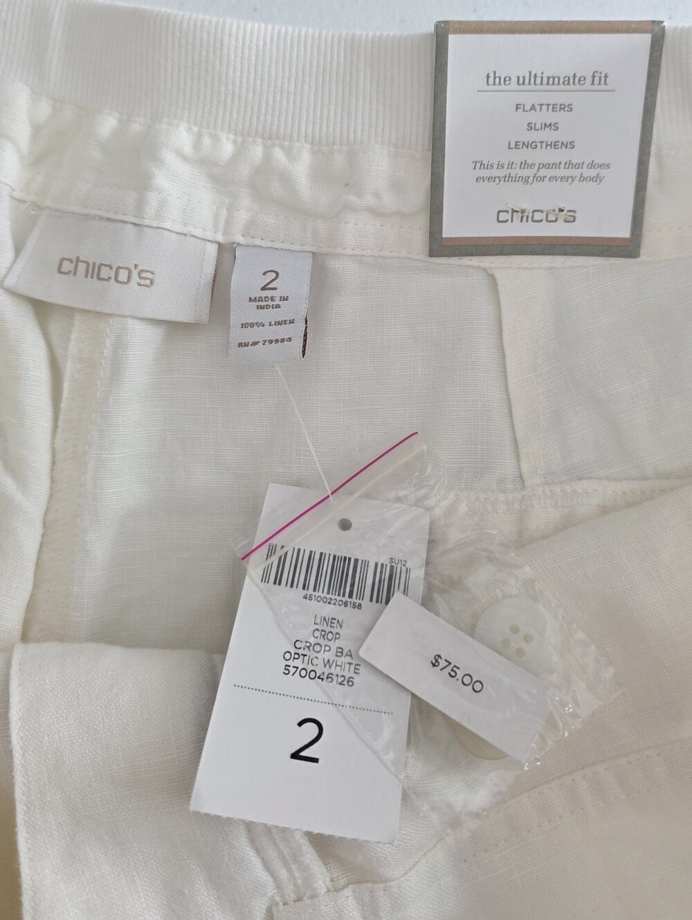 Chico's Ultimate Fit White 100% Linen Crop Cargo Pants NWT Chico Size 2 - Picture 8 of 11